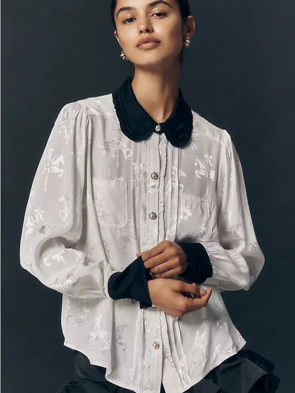 Anthropologie Maeve White Button-Front Blouse with Black Collar & Cuffs